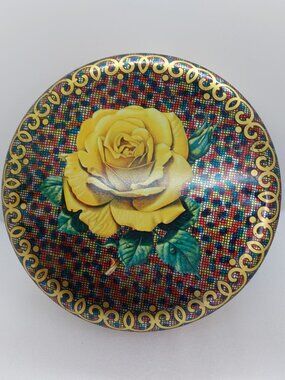 Vintage Round 8" Biscuit Cookie Decorative Tin Design of Yellow Rose